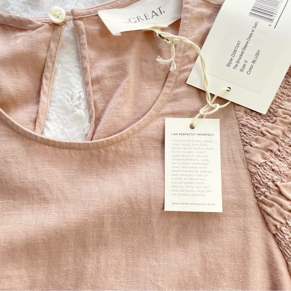 {THE GREAT.} The Smocked Sleeve Sash-Waist Midi Dress, Blush, Size 0, NWT - Picture 9 of 11